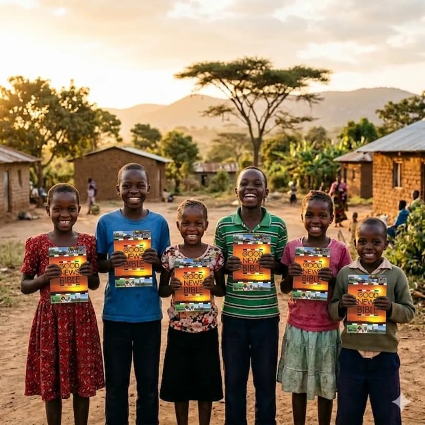 Multiple children holding up a bible happily