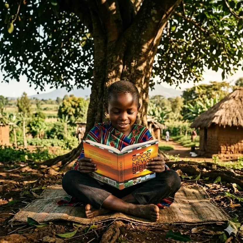 A Kenyan child reading their new Bible